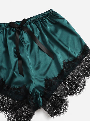 5pcs Contrast Eyelash Lace Bow Detail Belted Satin PJ Set