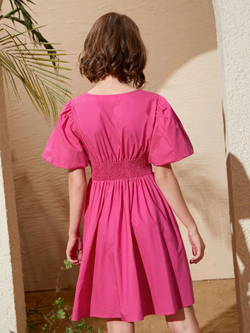 Teen Girls Ruched Puff Sleeve Flare Dress