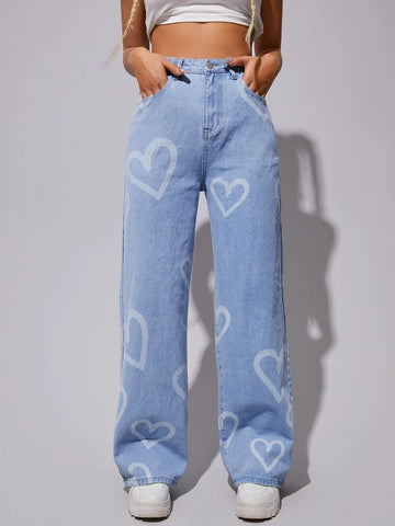 High Waist Heart Print Wide Leg Jeans