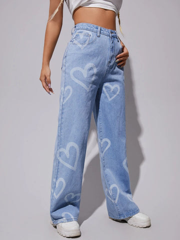 High Waist Heart Print Wide Leg Jeans
