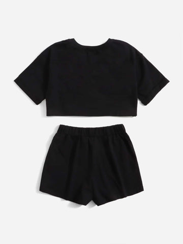 Girls Letter Graphic Drop Shoulder Crop Tee & Shorts Set