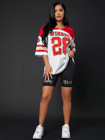 Colorblock & Letter Graphic Drop Shoulder Longline Tee