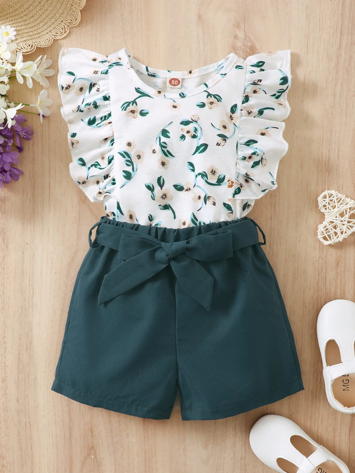Baby Floral Print Ruffle Trim Tee & Belted Shorts