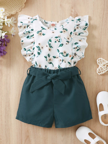 Baby Floral Print Ruffle Trim Tee & Belted Shorts