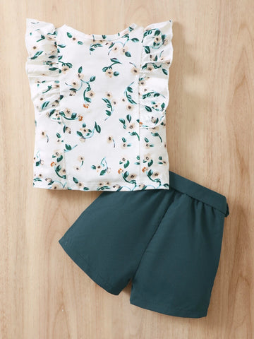 Baby Floral Print Ruffle Trim Tee & Belted Shorts