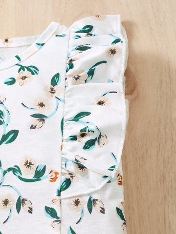 Baby Floral Print Ruffle Trim Tee & Belted Shorts