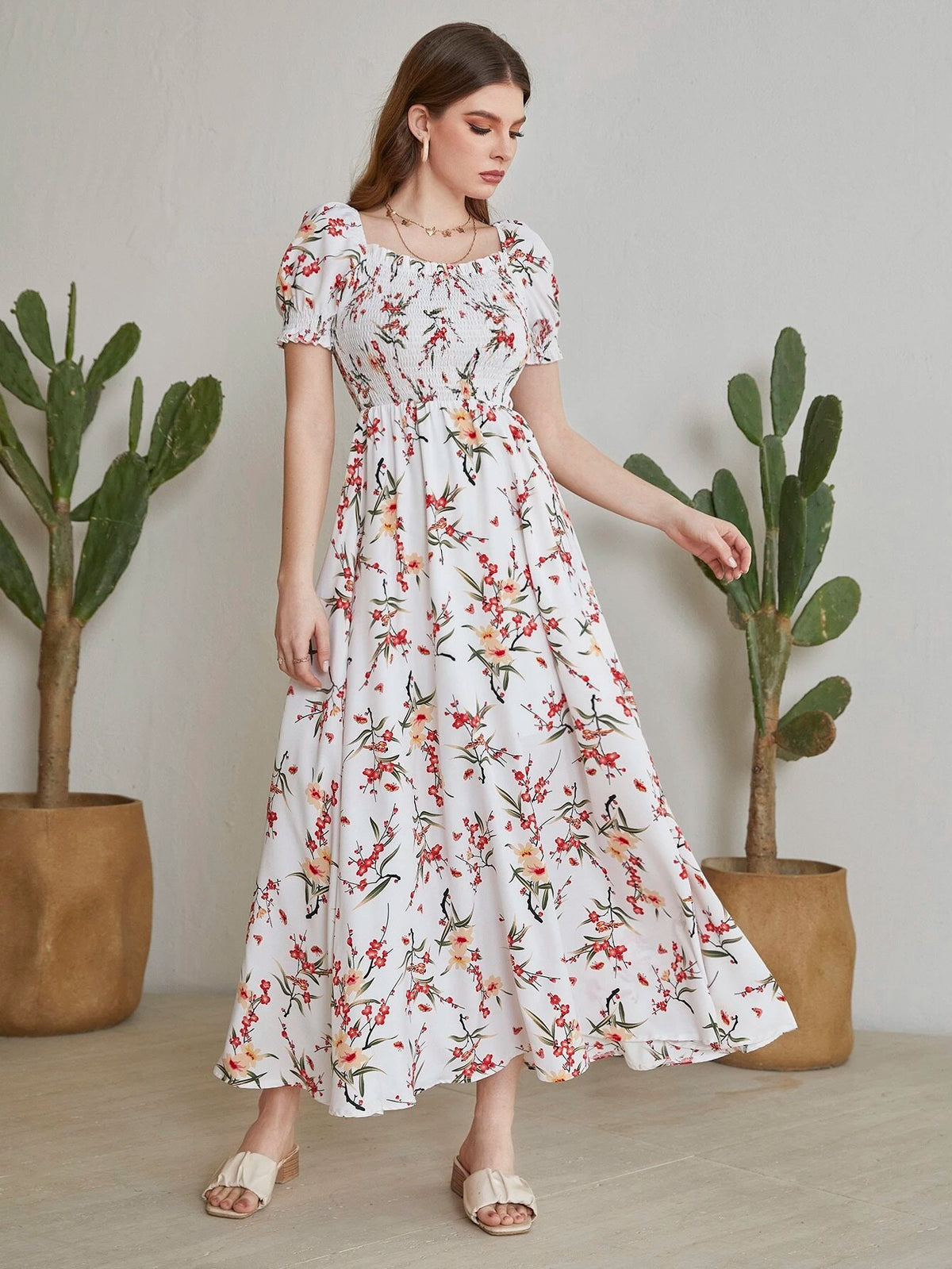Floral Square Neck Shirred A-line Dress