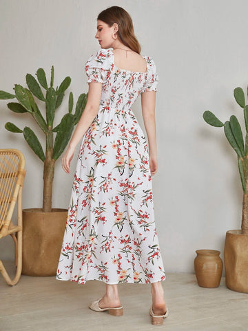 Floral Square Neck Shirred A-line Dress
