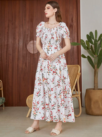 Floral Square Neck Shirred A-line Dress