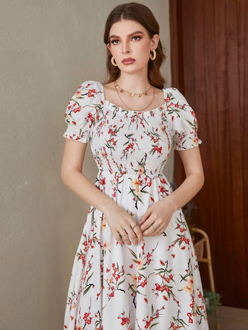 Floral Square Neck Shirred A-line Dress