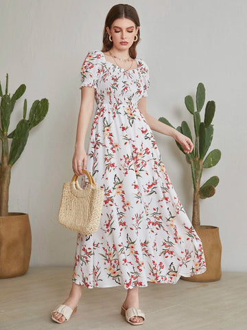 Floral Square Neck Shirred A-line Dress