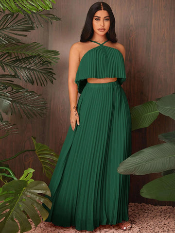 SXY Solid Pleated Halter Top & Skirt