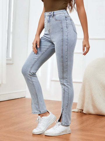 Light Washed Split Hem Jeans