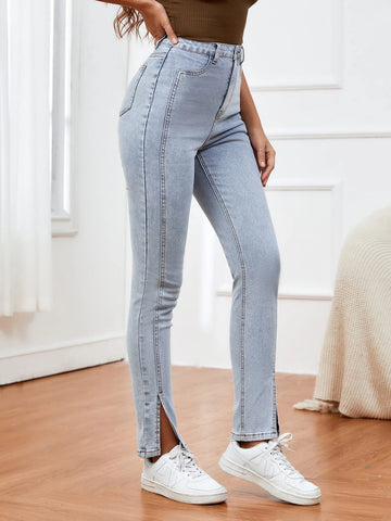 Light Washed Split Hem Jeans