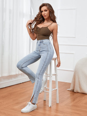 Light Washed Split Hem Jeans