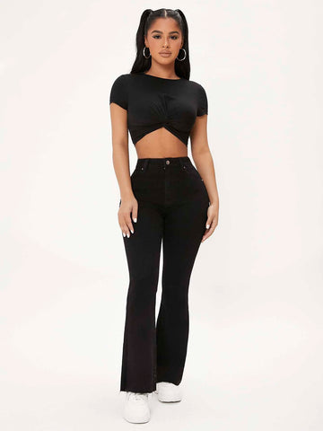 PETITE High Waist Raw Hem Flare Leg Jeans