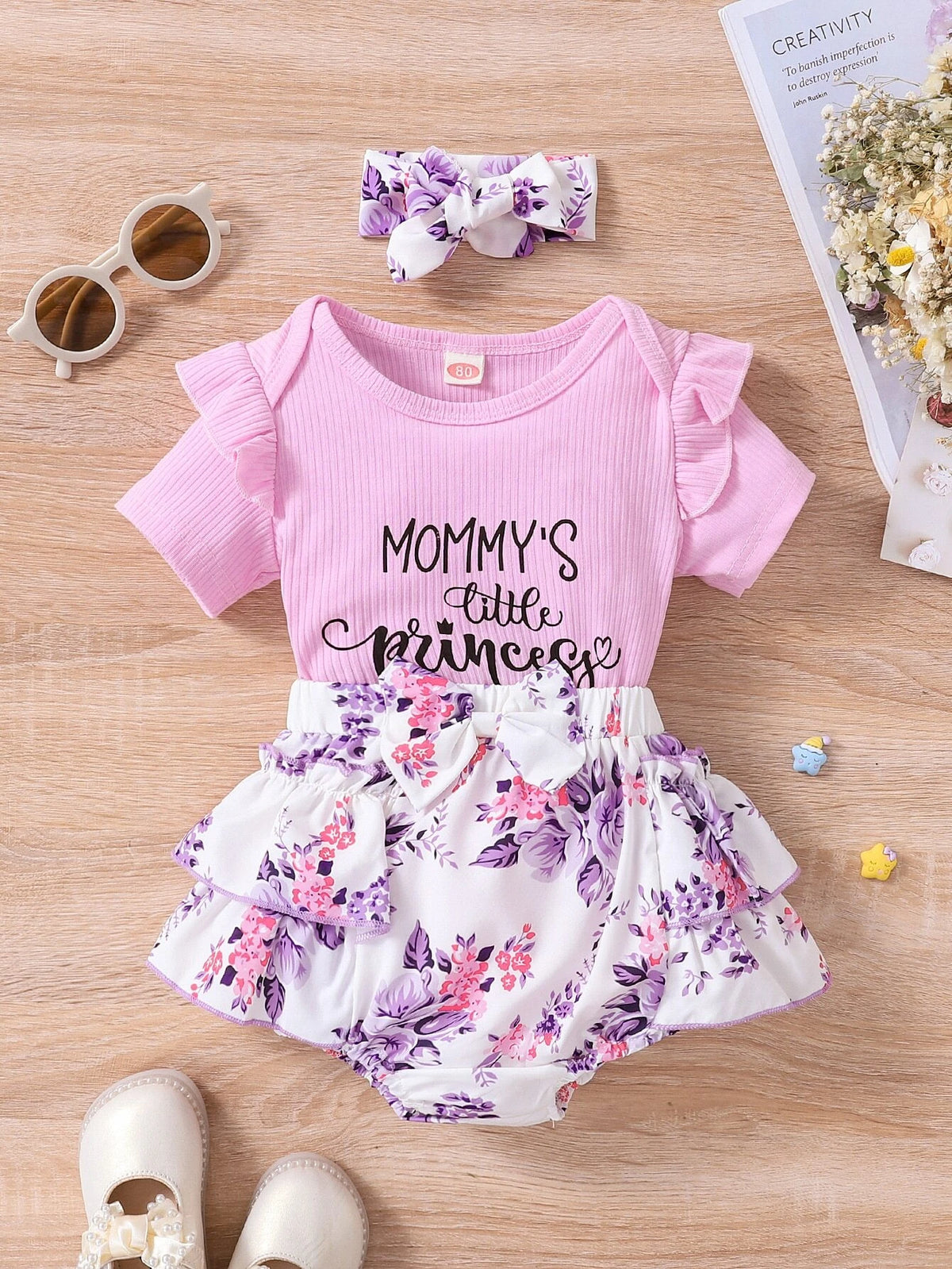 Baby Letter Graphic Ruffle Bodysuit & Floral Bow Shorts & Headband