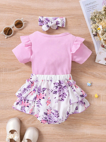 Baby Letter Graphic Ruffle Bodysuit & Floral Bow Shorts & Headband