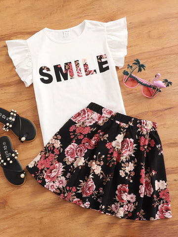 Girls Floral & Letter Graphic Flutter Sleeve Tee & Skirt