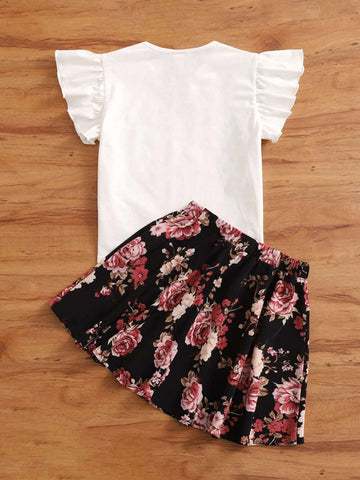 Girls Floral & Letter Graphic Flutter Sleeve Tee & Skirt