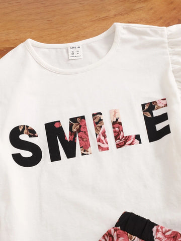 Girls Floral & Letter Graphic Flutter Sleeve Tee & Skirt