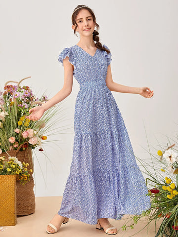 Teen Girls Ruffle Trim Ditsy Floral Dress