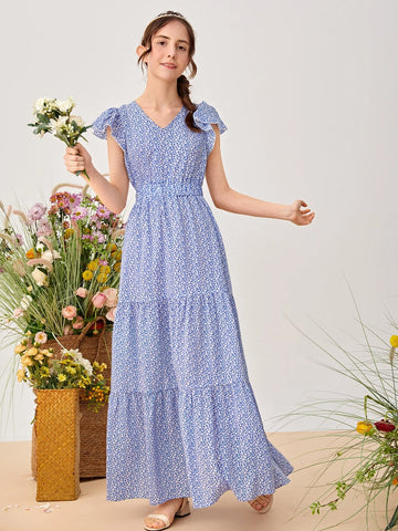 Teen Girls Ruffle Trim Ditsy Floral Dress