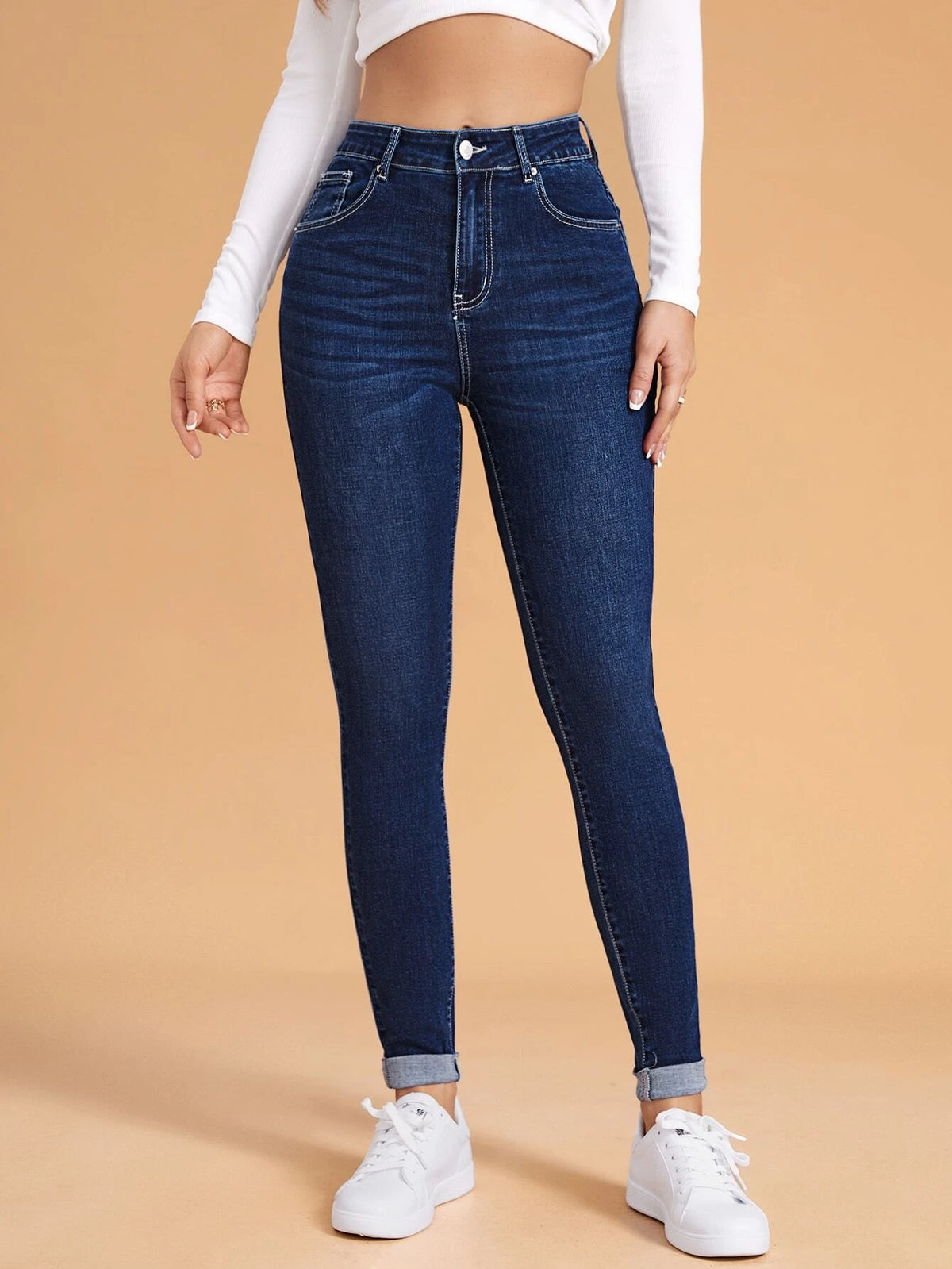 Cat Whisker Washed Rolled Hem Skinny Jeans