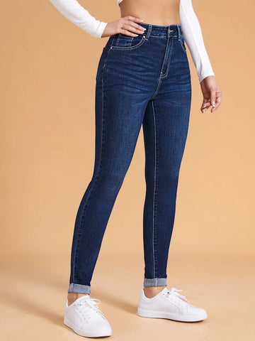 Cat Whisker Washed Rolled Hem Skinny Jeans