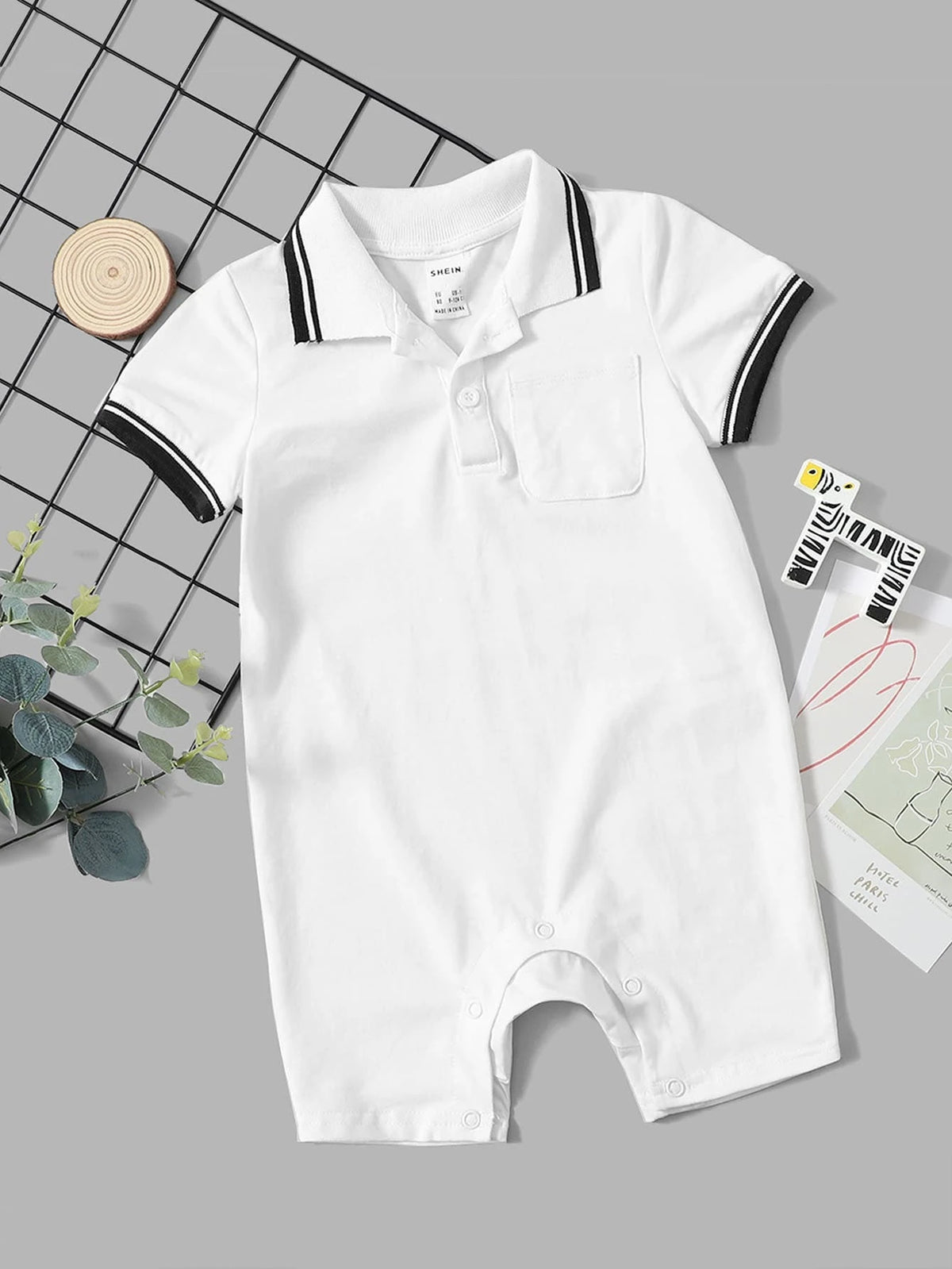 Baby Striped Trim Patched Pocket Polo Neck Romper