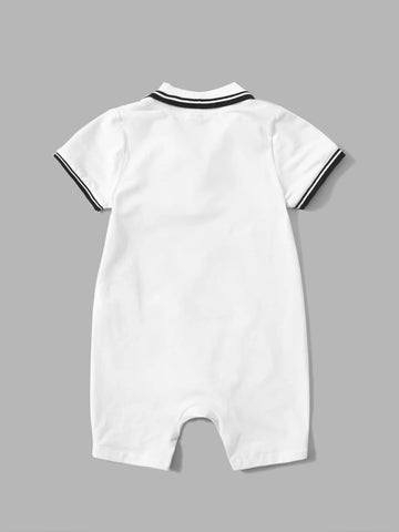 Baby Striped Trim Patched Pocket Polo Neck Romper