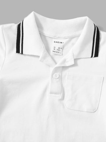 Baby Striped Trim Patched Pocket Polo Neck Romper