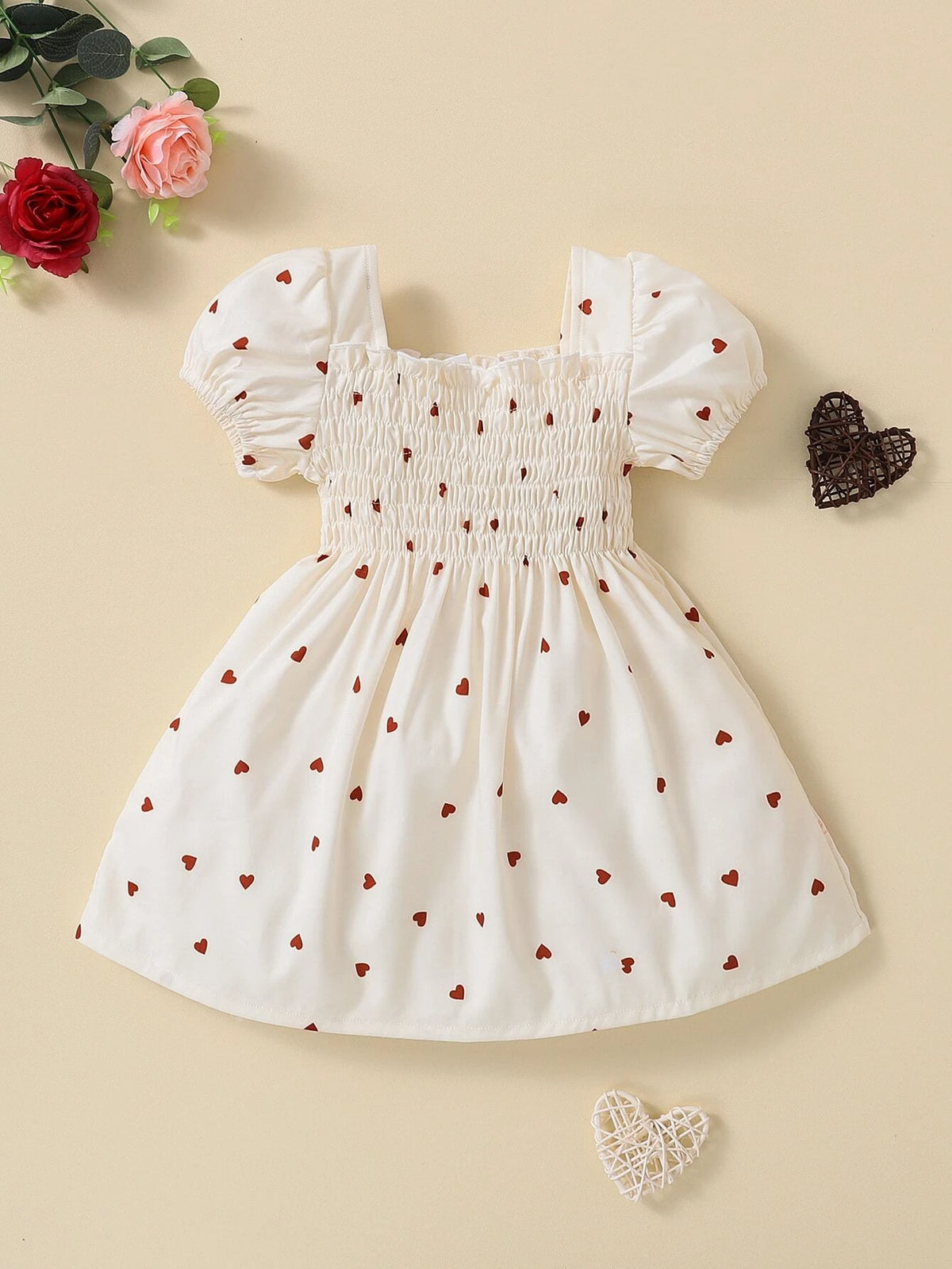 Baby Heart Print Shirred Puff Sleeve Dress