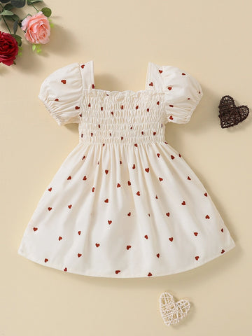 Baby Heart Print Shirred Puff Sleeve Dress