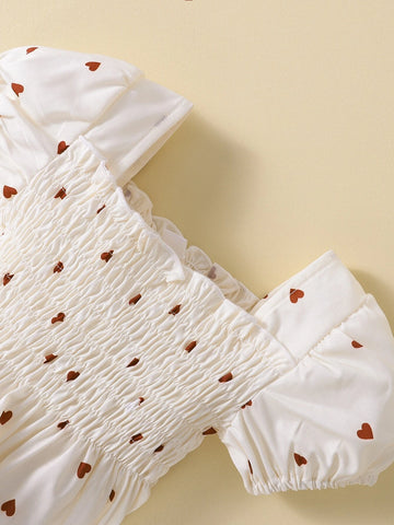 Baby Heart Print Shirred Puff Sleeve Dress
