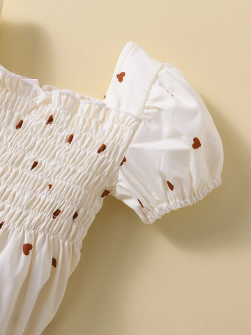 Baby Heart Print Shirred Puff Sleeve Dress