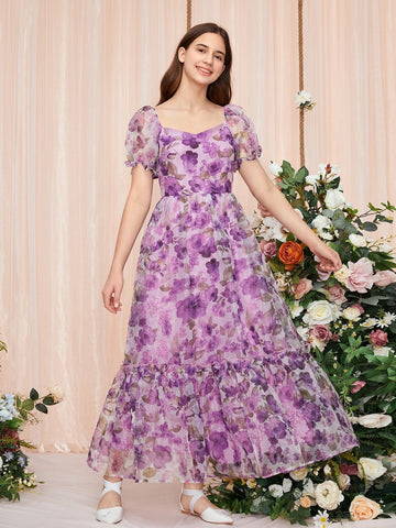 Teen Girls Allover Floral Print Puff Sleeve Ruffle Hem Organza Dress
