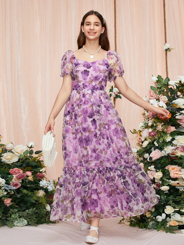 Teen Girls Allover Floral Print Puff Sleeve Ruffle Hem Organza Dress
