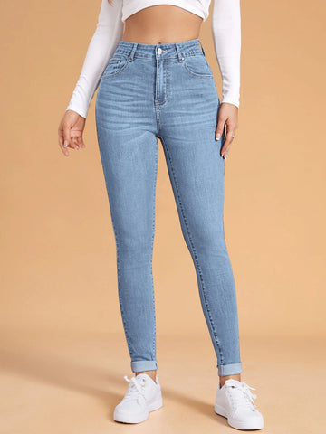 Cat Whisker Washed Rolled Hem Skinny Jeans