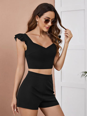 Ruffle Trim Solid Crop Top And Shorts Set