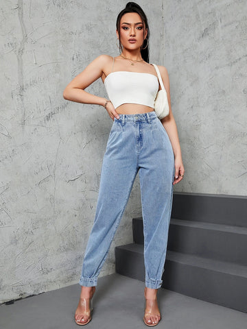 High Waist Fold Pleated Mom Fit Jeans