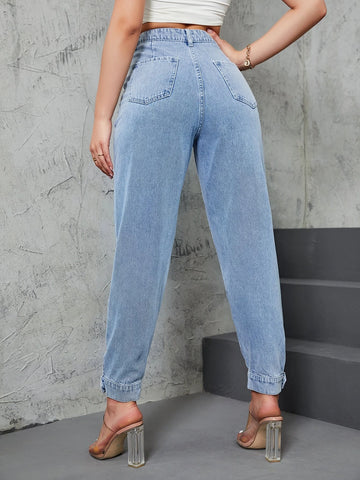 High Waist Fold Pleated Mom Fit Jeans