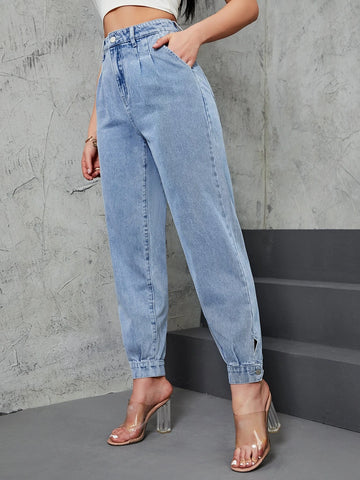 High Waist Fold Pleated Mom Fit Jeans