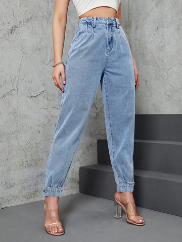 High Waist Fold Pleated Mom Fit Jeans
