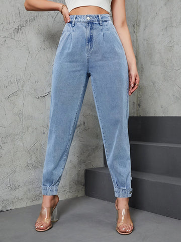 High Waist Fold Pleated Mom Fit Jeans