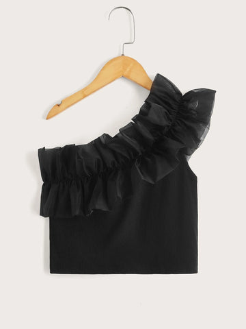 Teen Girls One Shoulder Ruffle Trim Top