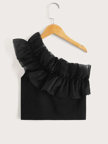 Teen Girls One Shoulder Ruffle Trim Top