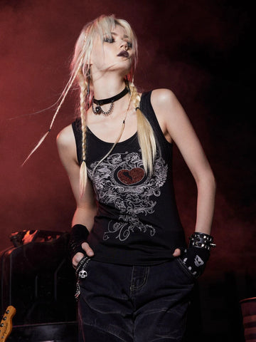 ROMWE Grunge Punk Heart Rhinestone Tank Top