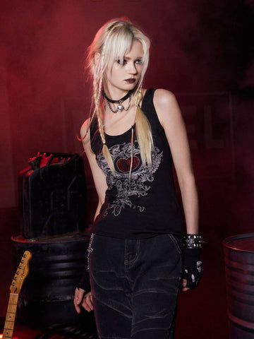 ROMWE Grunge Punk Heart Rhinestone Tank Top
