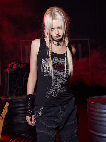 ROMWE Grunge Punk Heart Rhinestone Tank Top